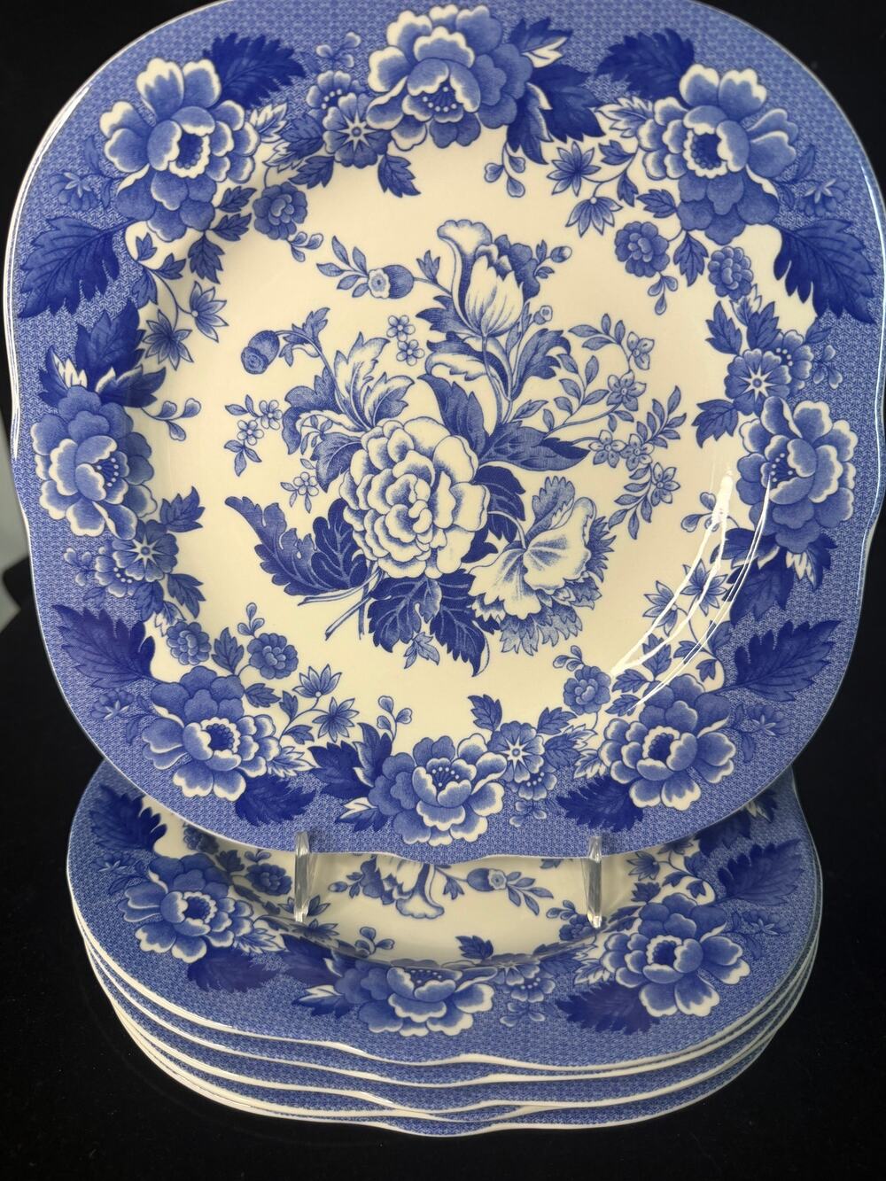 Spode Blue Room Garden British Flowers Poppy 8.5" Salad Plates Set of 6 Blue